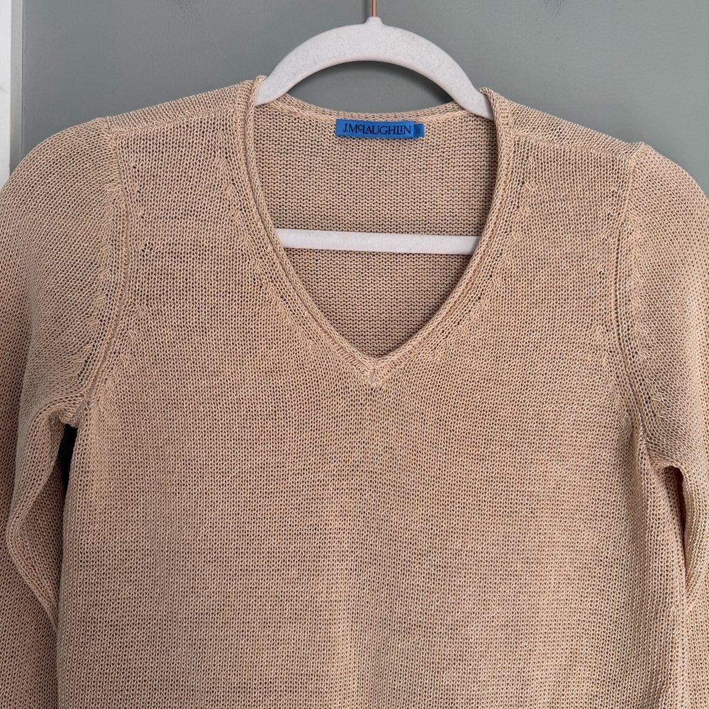 J. McLaughlin "Callum" Beige Tan Lightweight V-Neck Open Knit Sweater Classic - Picture 4 of 15